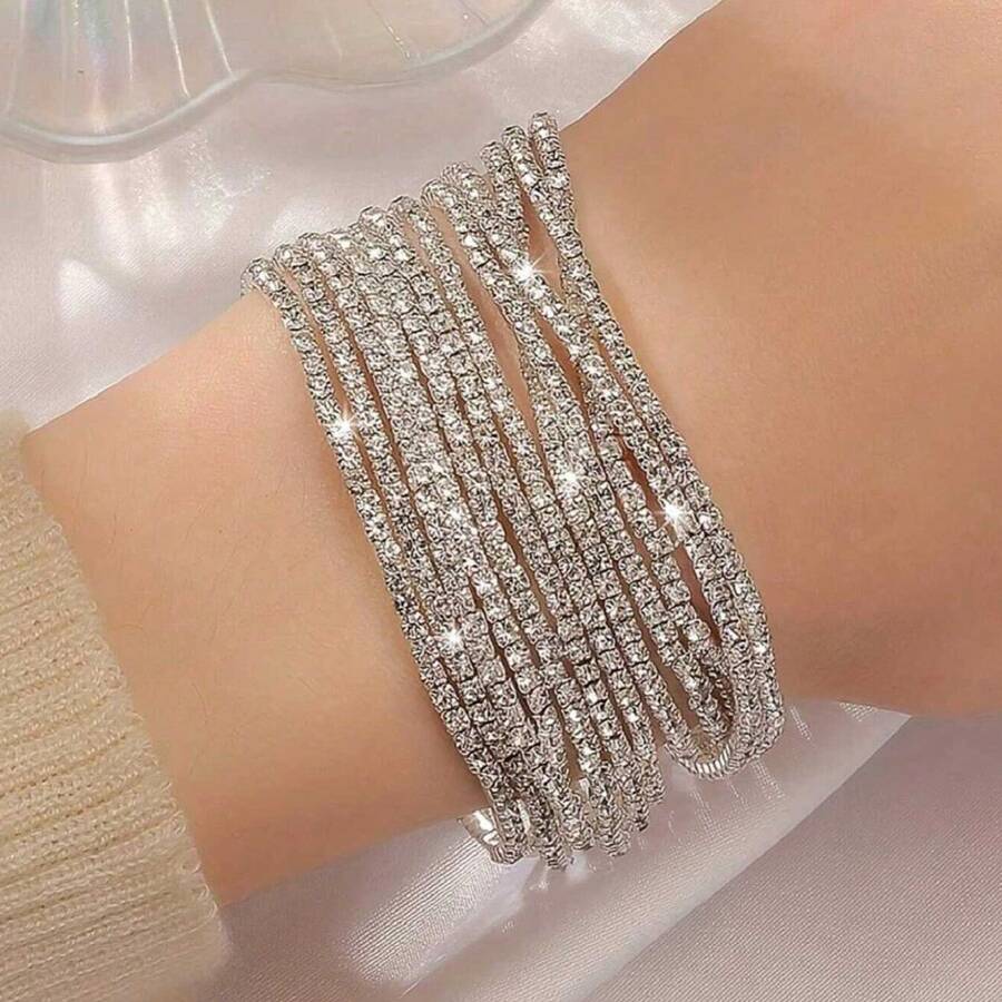 SHEIN مجموعة أساور 6/12 قطعة فضية سوار تنس براق