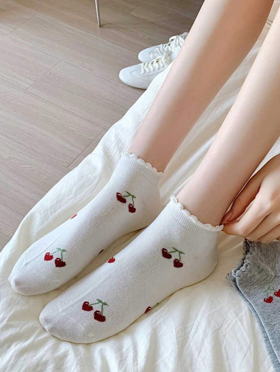SHEIN جوارب كاحل نسائية 4 أزواج بنمط كرز