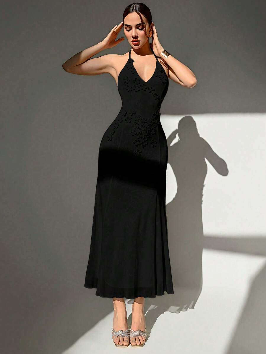 SHEIN Aloruh فستان اسود بياقة مربوطة وزهور