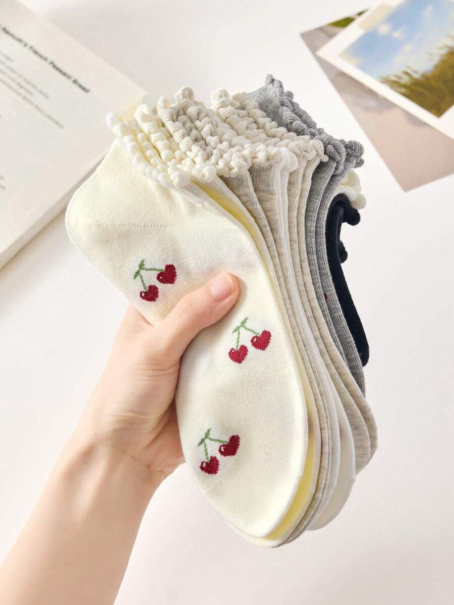SHEIN جوارب كاحل نسائية 4 أزواج بنمط كرز