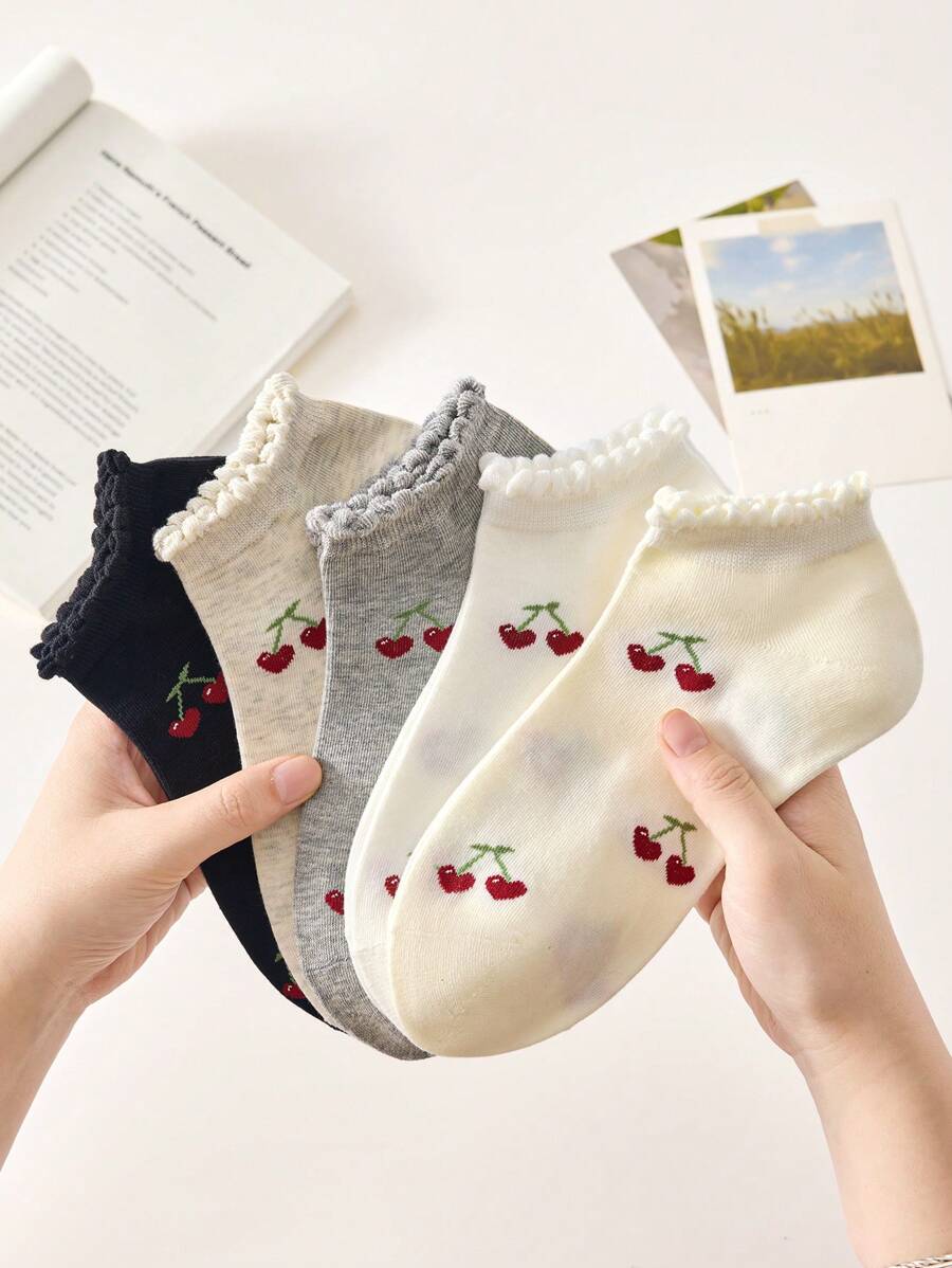SHEIN جوارب كاحل نسائية 4 أزواج بنمط كرز