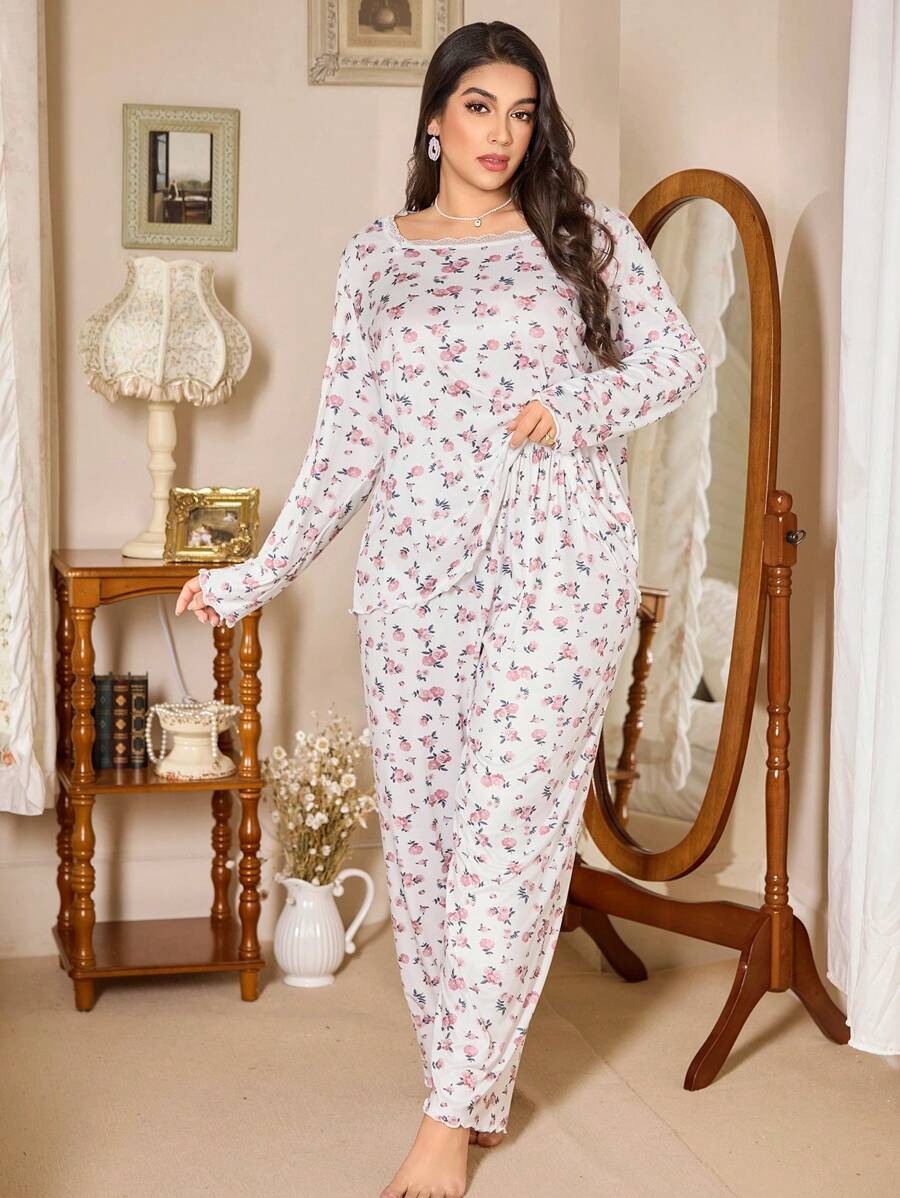 SHEIN CottageSlumber طقم بيجامة دانتيل زهرية ناعمة