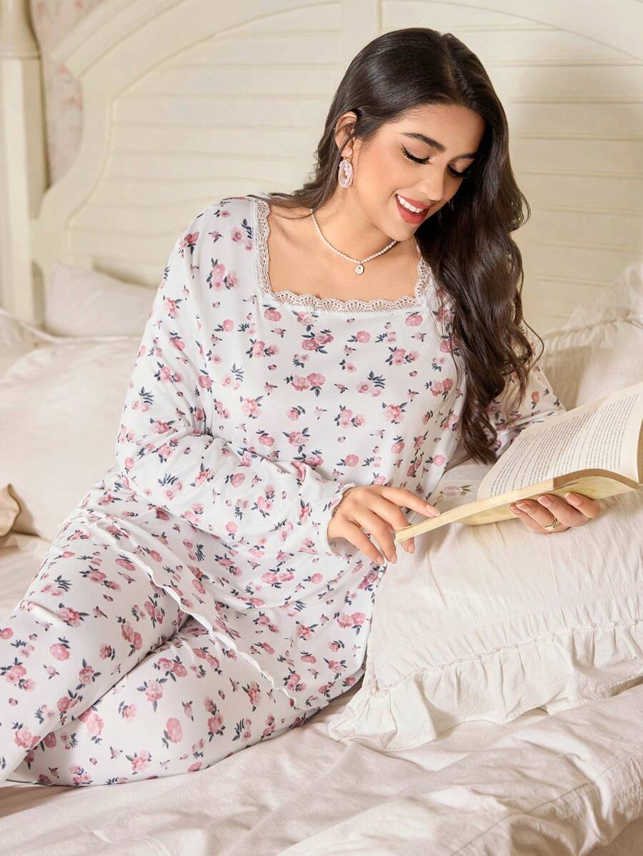 SHEIN CottageSlumber طقم بيجامة دانتيل زهرية ناعمة