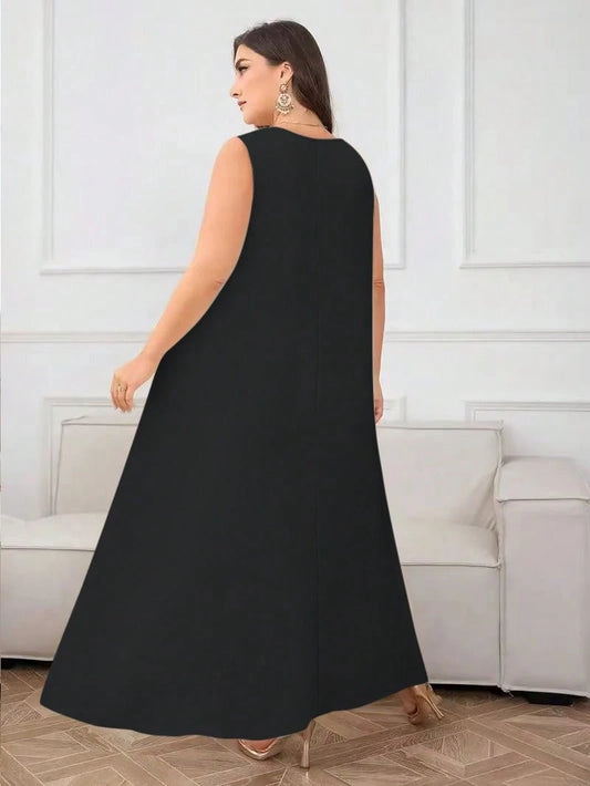 SHEIN فستان أسود كاجوال بياقة مستديرة بدون أكمام فضفاض