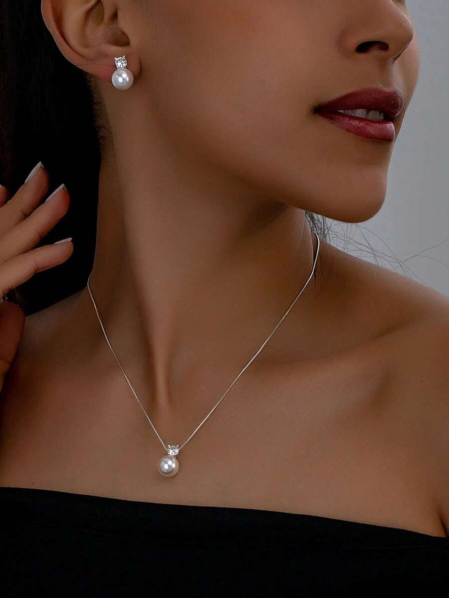SHEIN طقم قلادة وأقراط 3 قطع بزركونيا وخرز زجاجي