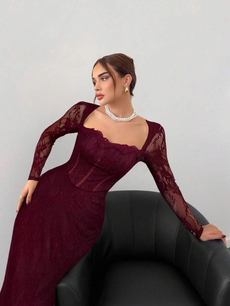SHEIN Aloruh فستان ماكسي عنابي ضيق شبكي