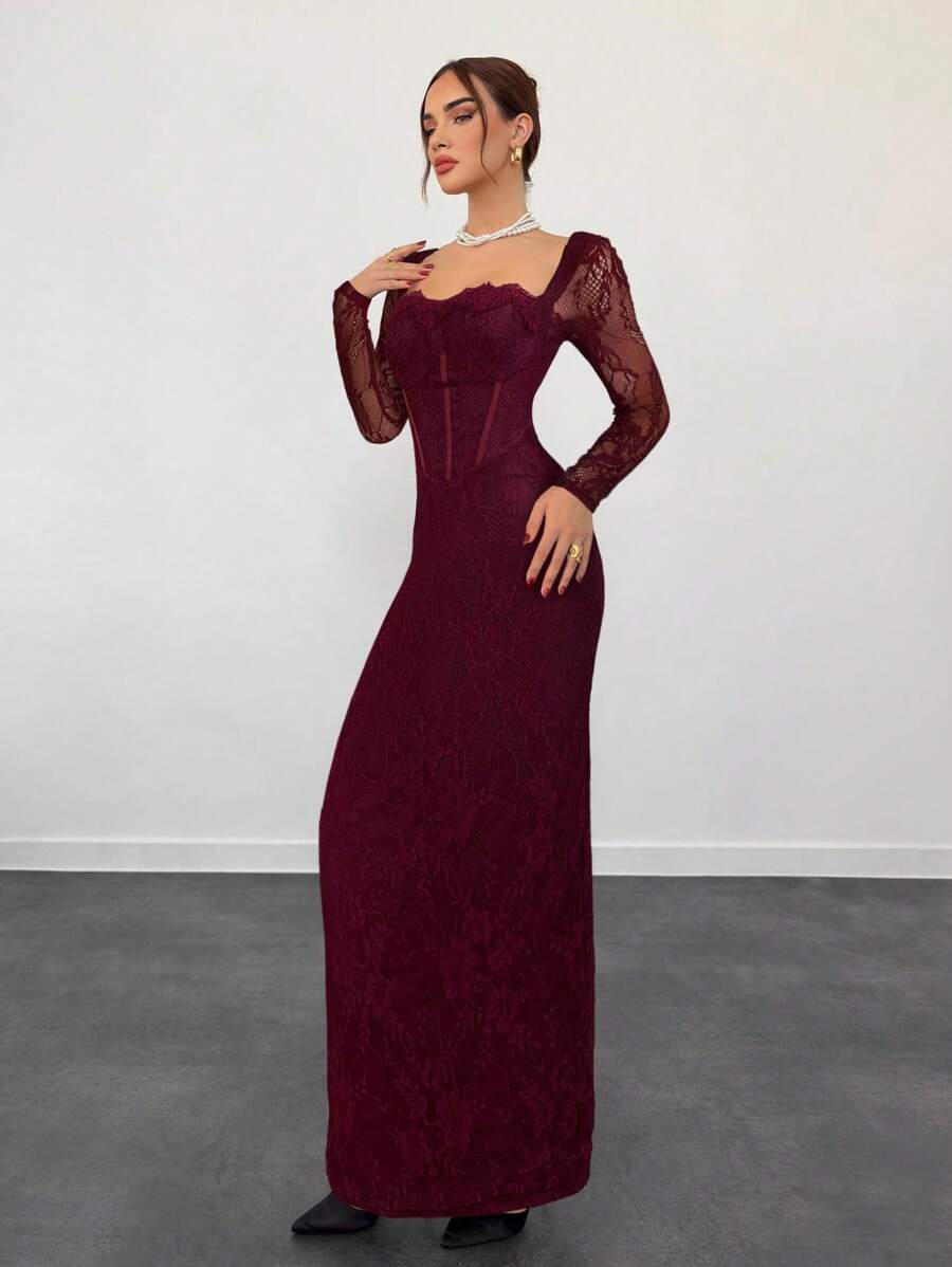 SHEIN Aloruh فستان ماكسي عنابي ضيق شبكي