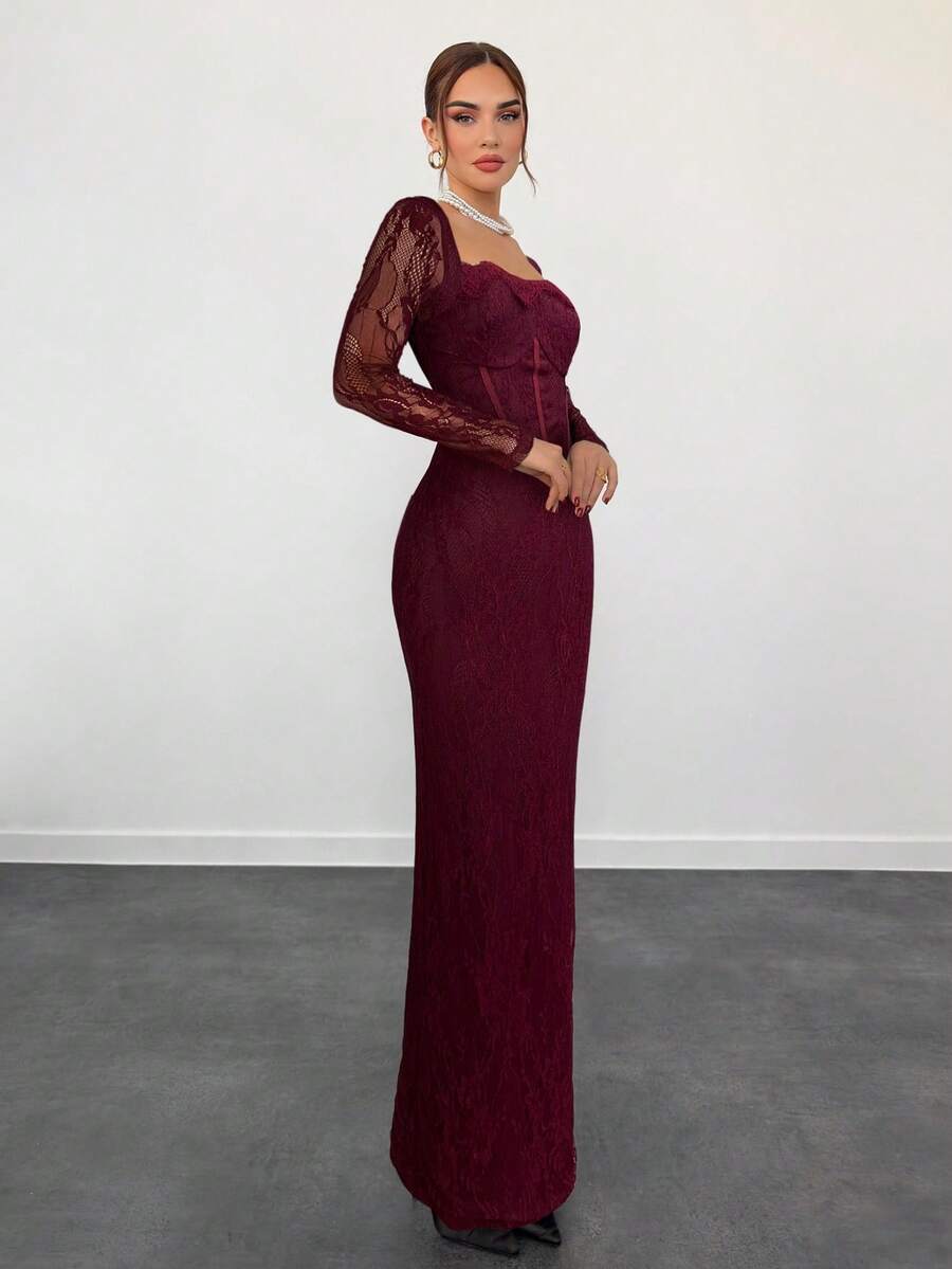 SHEIN Aloruh فستان ماكسي عنابي ضيق شبكي