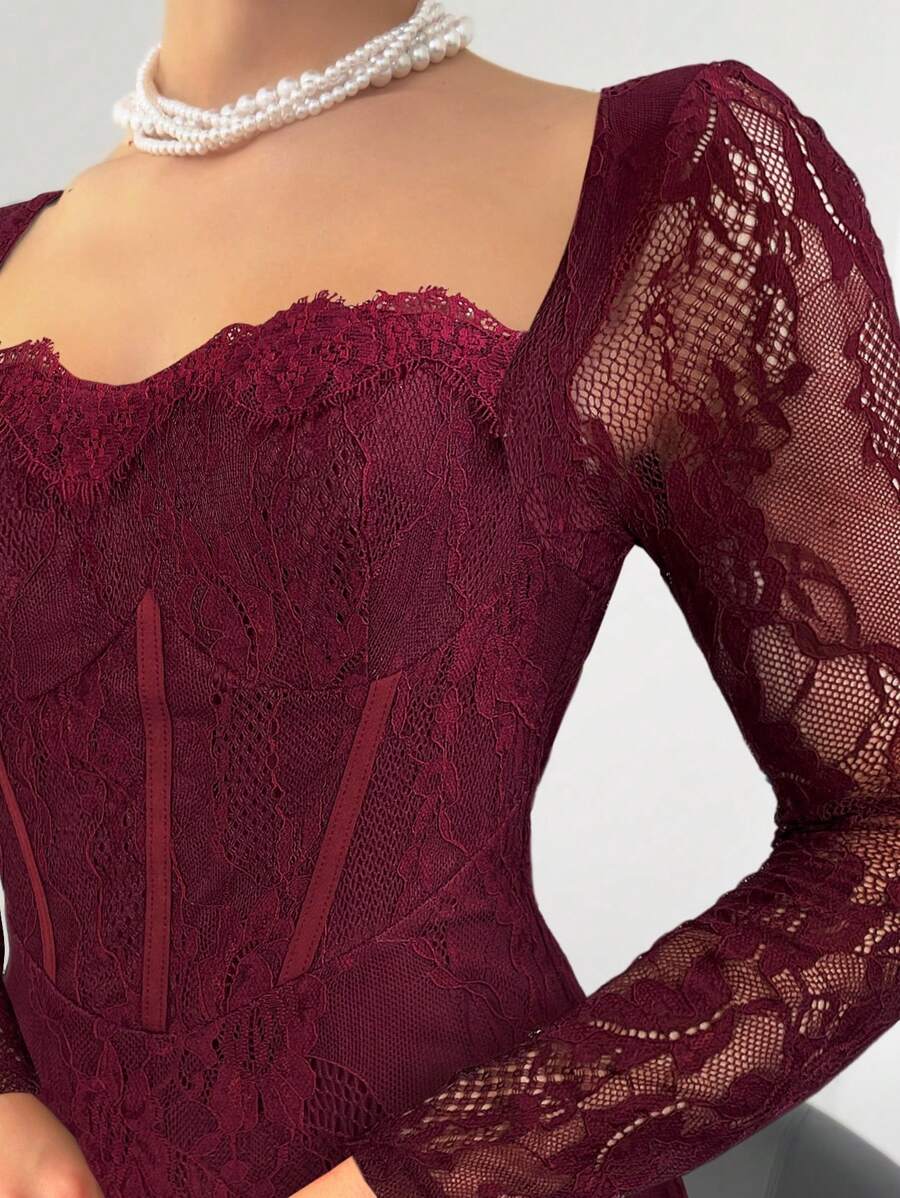 SHEIN Aloruh فستان ماكسي عنابي ضيق شبكي