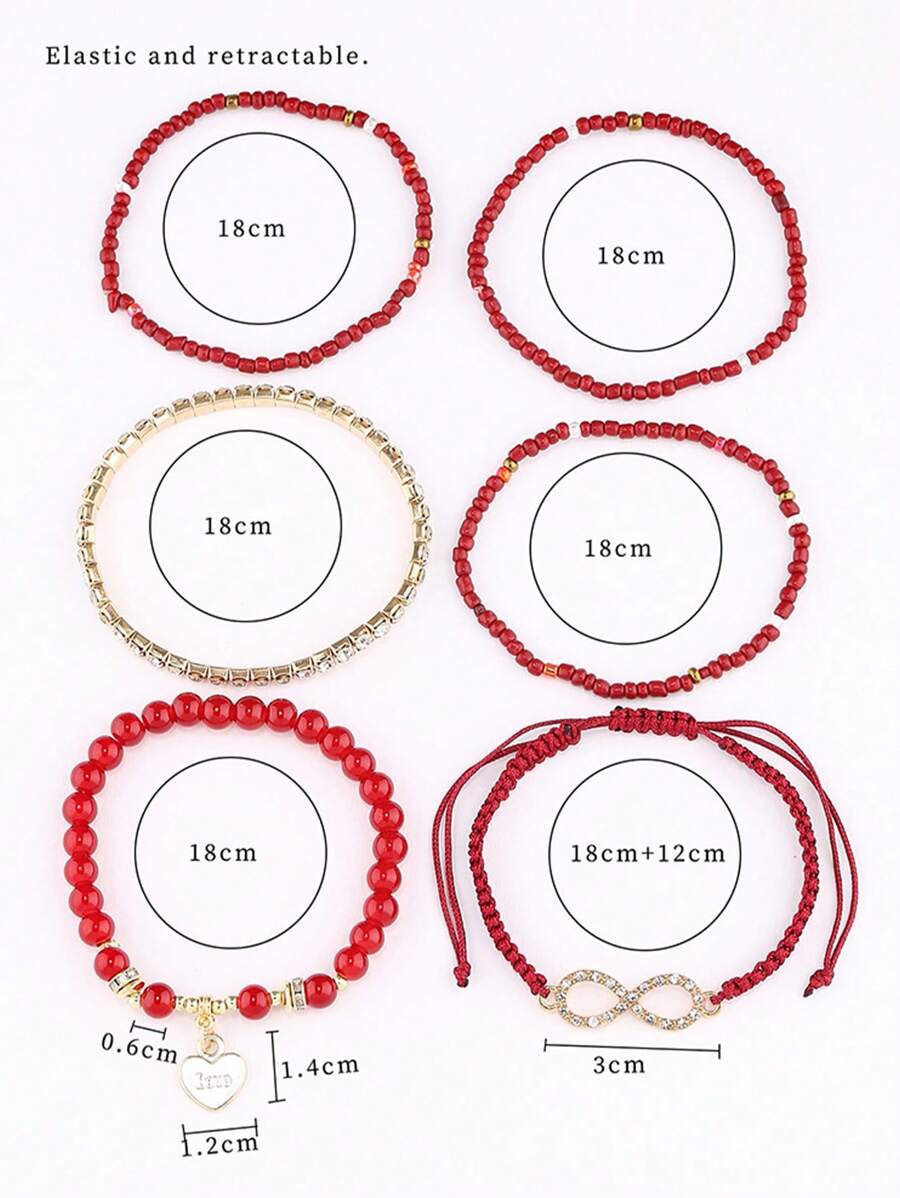SHEIN مجموعة سوار 6 قطع حمراء مرصع بالراين