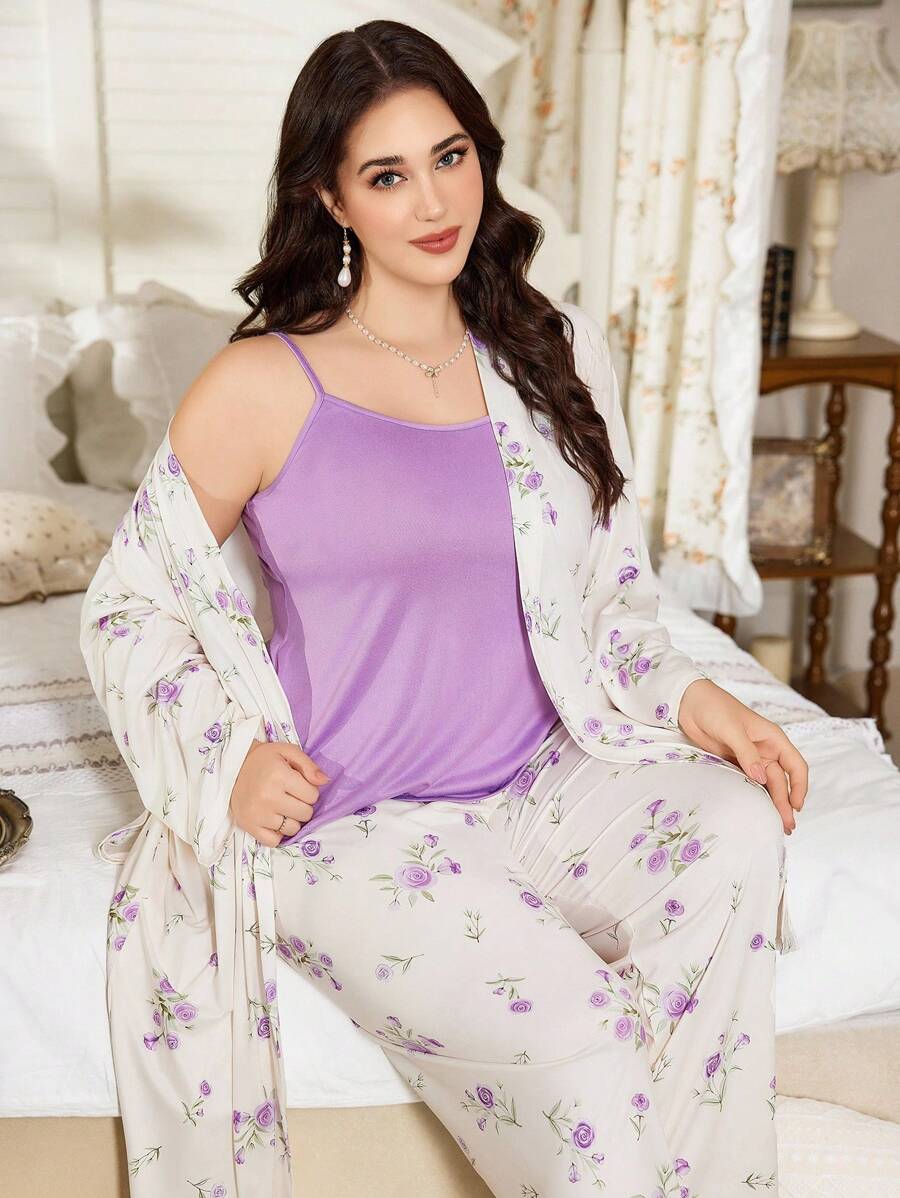 SHEIN CottageSlumber طقم ثلاثي كامي مزهر وبنطلون وروب