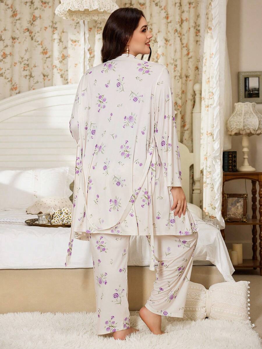 SHEIN CottageSlumber طقم ثلاثي كامي مزهر وبنطلون وروب