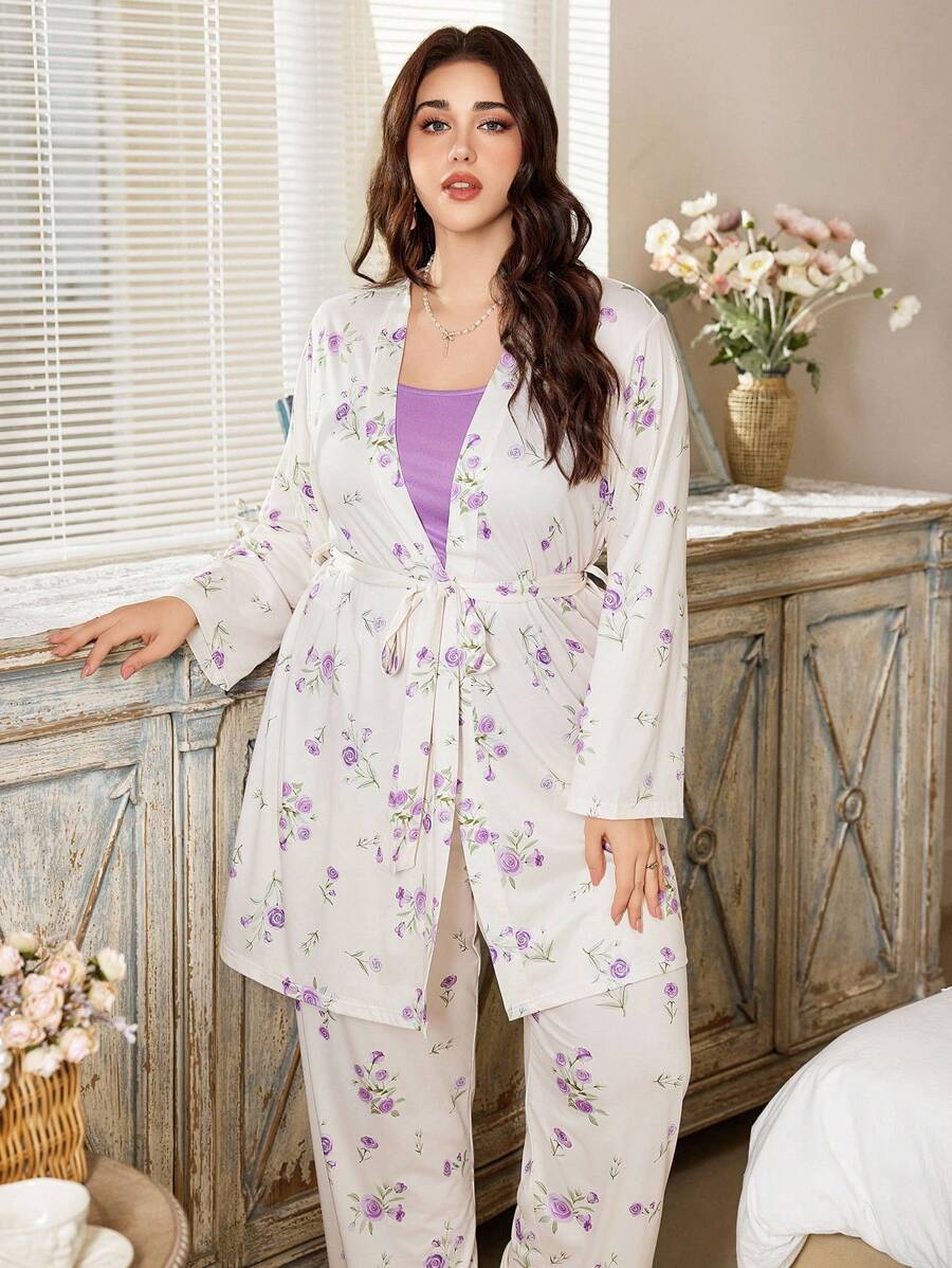 SHEIN CottageSlumber طقم ثلاثي كامي مزهر وبنطلون وروب