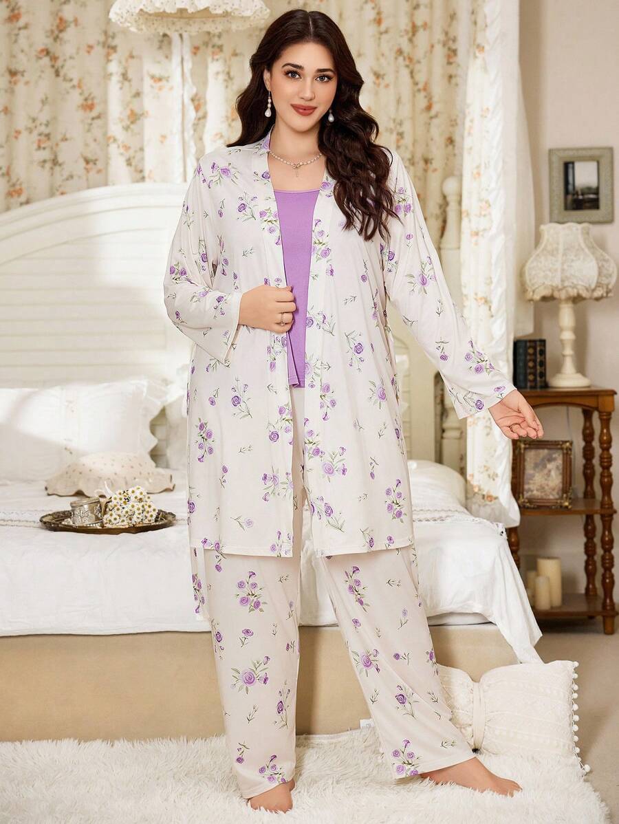 SHEIN CottageSlumber طقم ثلاثي كامي مزهر وبنطلون وروب