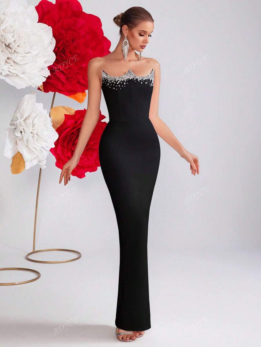 SHEIN ADYCE ثوب سهرة بتصميم مطرز بالراين ستون مع فتحة خلفية