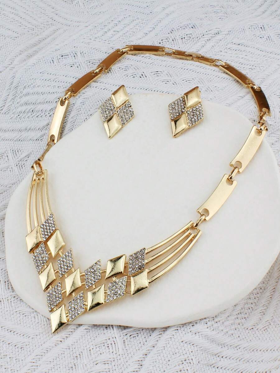 SHEIN طقم مجوهرات 3 قطع مطلي بالذهب ومرصع بالكريستال