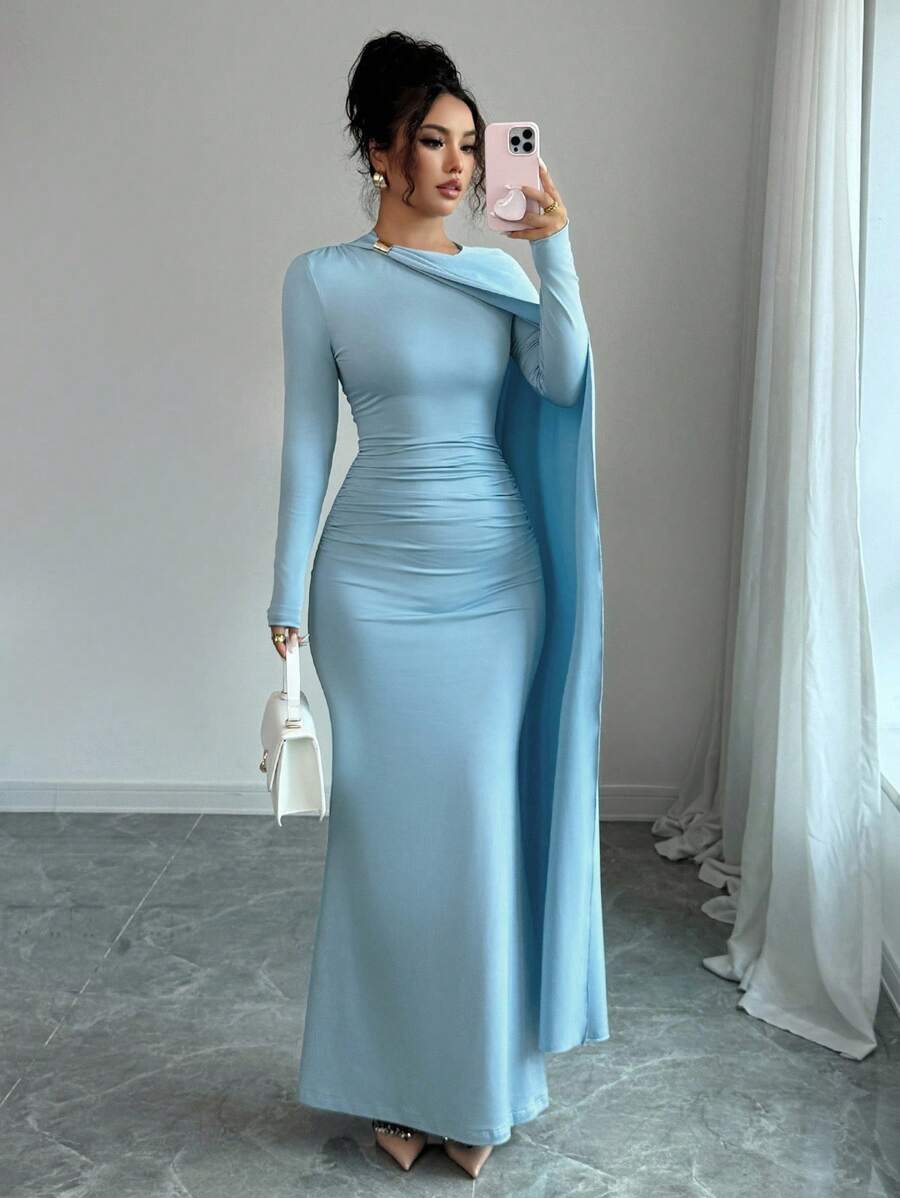 SHEIN Elenzga فستان ازرق طويل بخصر ملفوف ومطوي