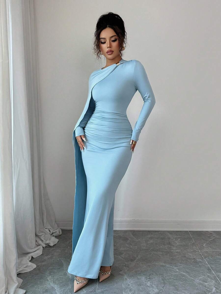 SHEIN Elenzga فستان ازرق طويل بخصر ملفوف ومطوي