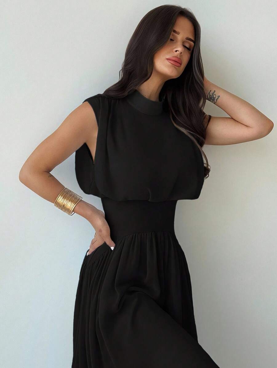 SHEIN Firerie فستان ماكسي اسود بخصر مشدود وياقة عالية