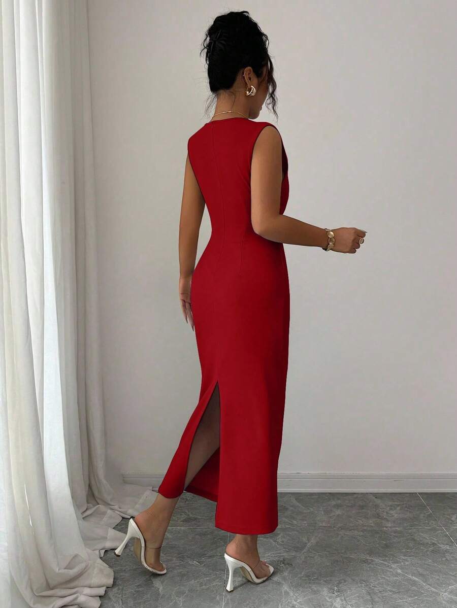 SHEIN Elenzga فستان عنابي كاجوال بدون أكمام