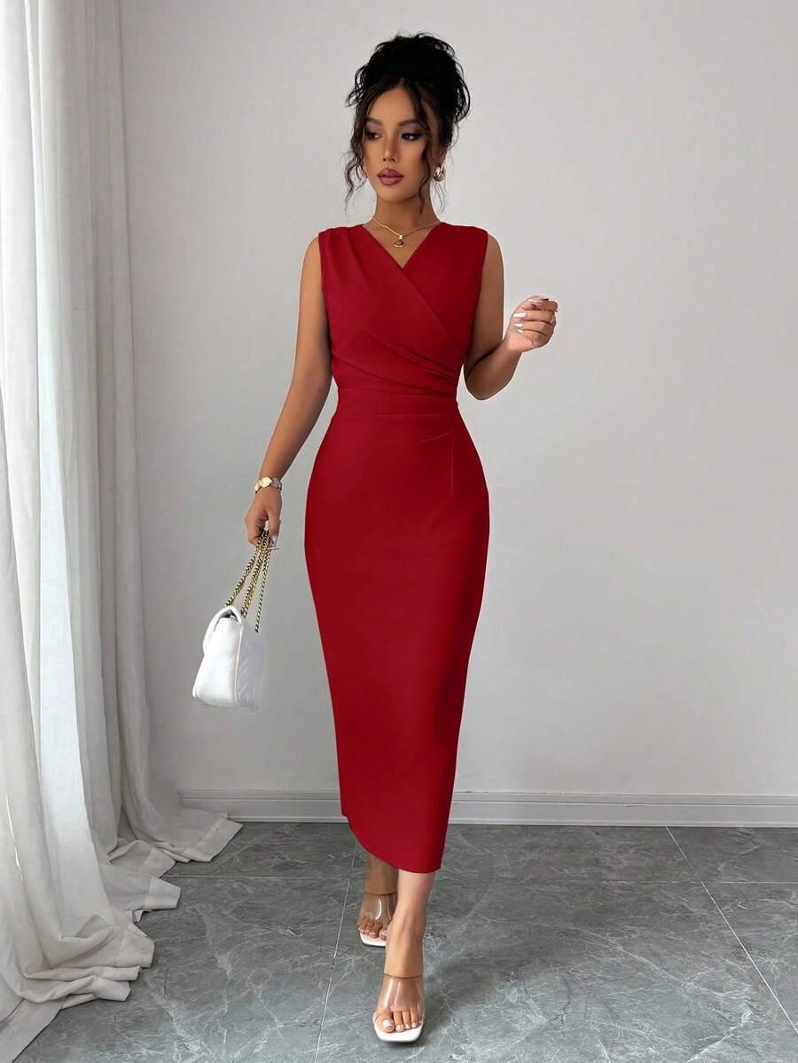 SHEIN Elenzga فستان عنابي كاجوال بدون أكمام