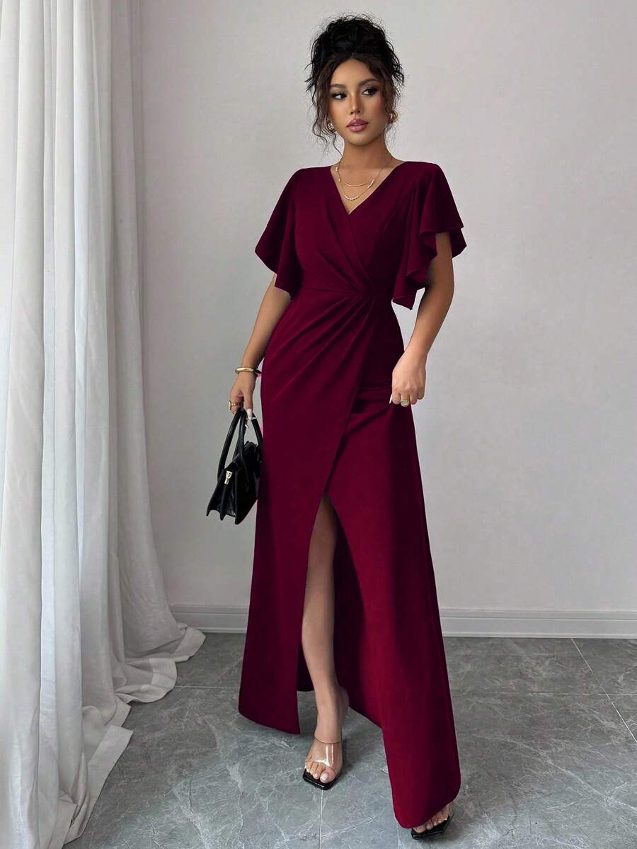 SHEIN Elenzga فستان عنابي بياقة واكمام مكشكشة