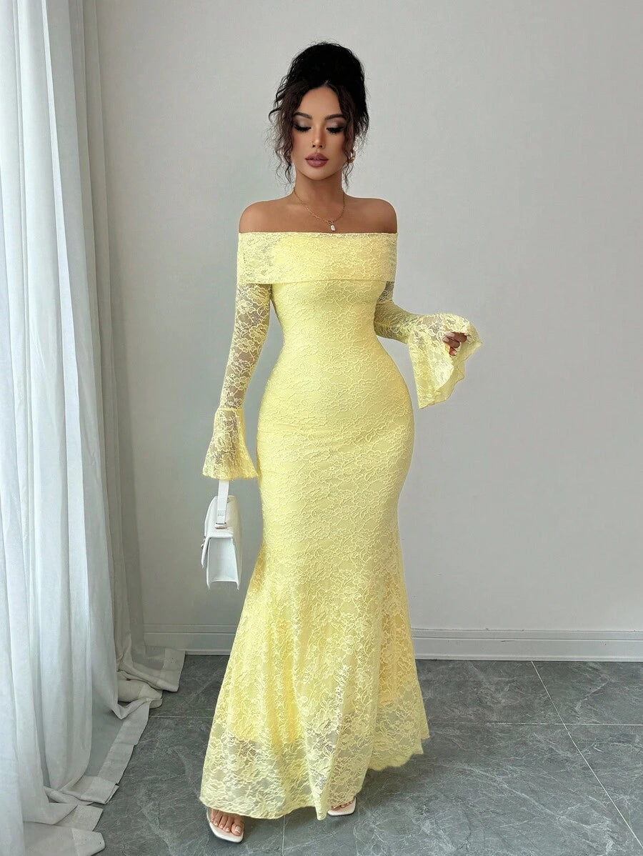 SHEIN Selianne فستان اصفر بقصة منحنية وأكمام منسدلة