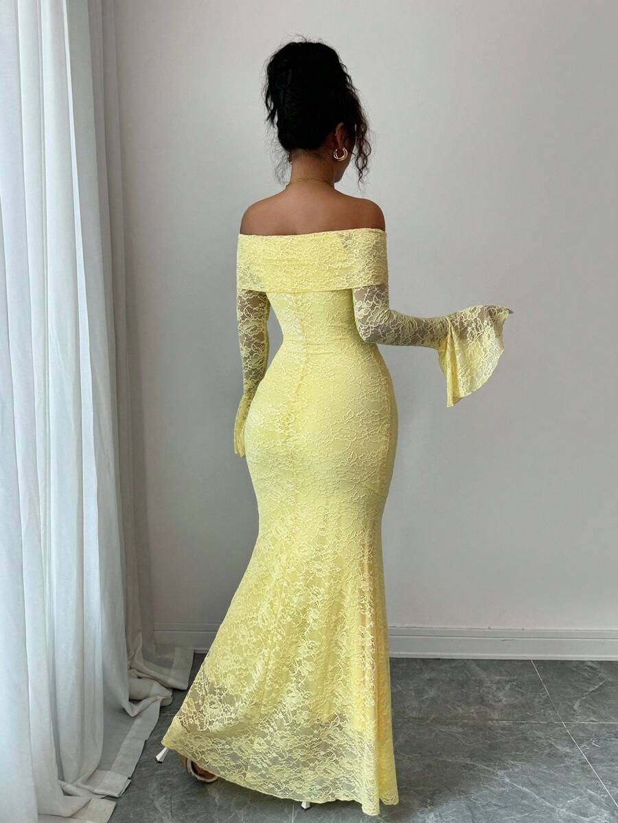 SHEIN Selianne فستان اصفر بقصة منحنية وأكمام منسدلة