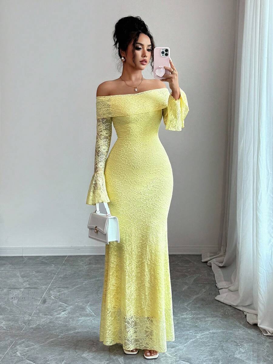 SHEIN Selianne فستان اصفر بقصة منحنية وأكمام منسدلة