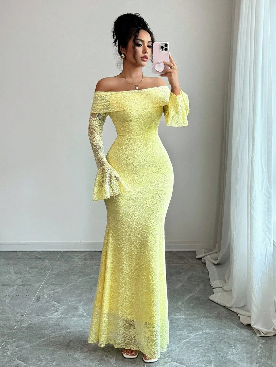SHEIN Selianne فستان اصفر بقصة منحنية وأكمام منسدلة
