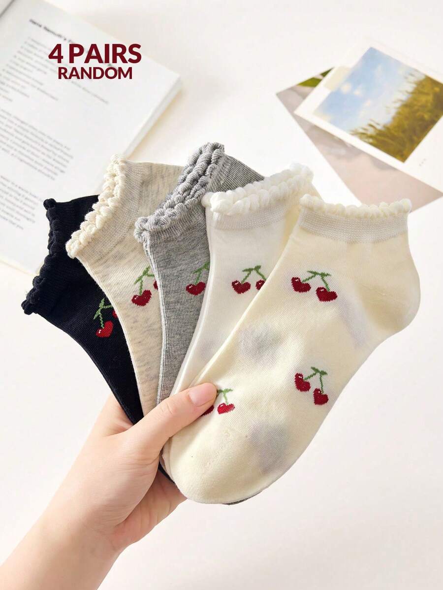 SHEIN جوارب كاحل نسائية 4 أزواج بنمط كرز