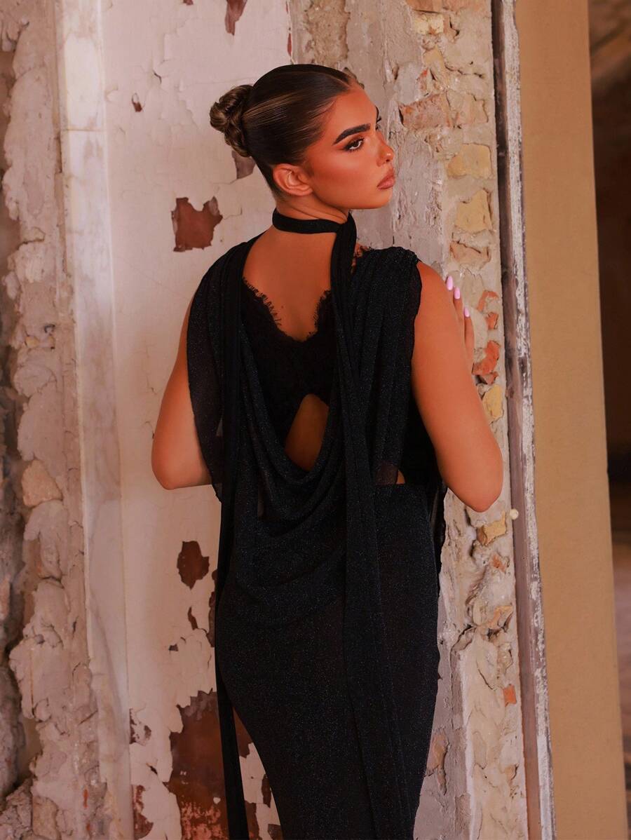 SHEIN Glamrae فستان سهرة أسود أنيق وجذاب