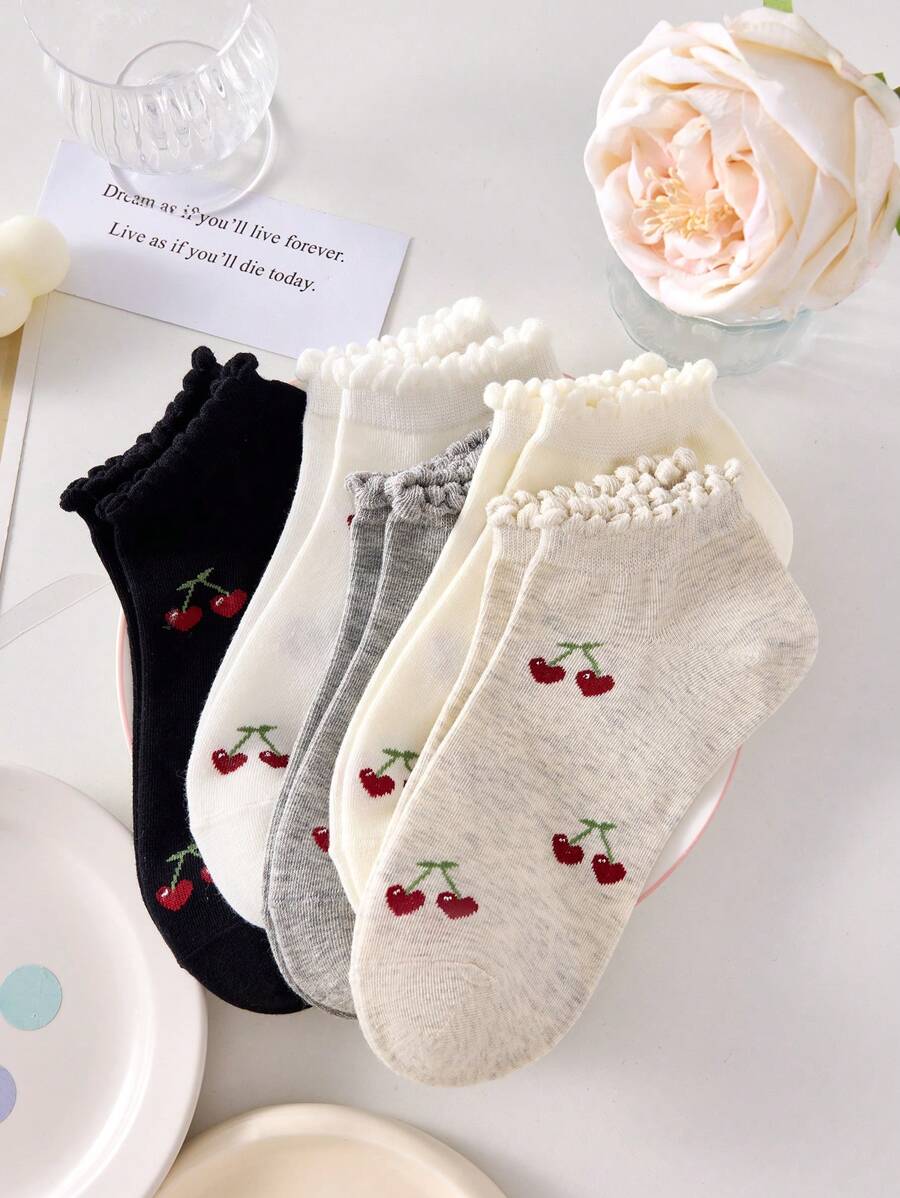 SHEIN جوارب كاحل نسائية 4 أزواج بنمط كرز