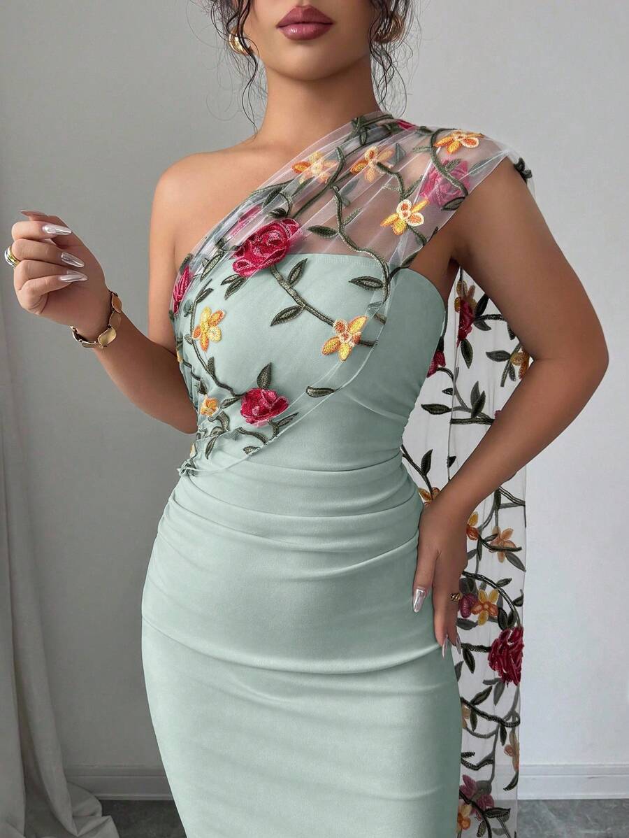 SHEIN Elenzga فستان اخضر شبكي أنيق مطرز