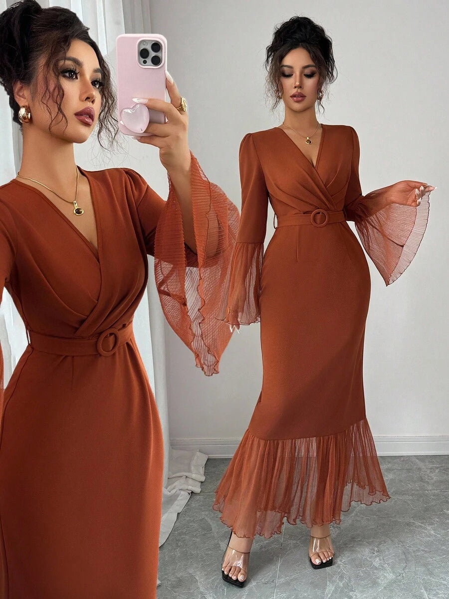 SHEIN Elenzga فستان بني طويل بياقة