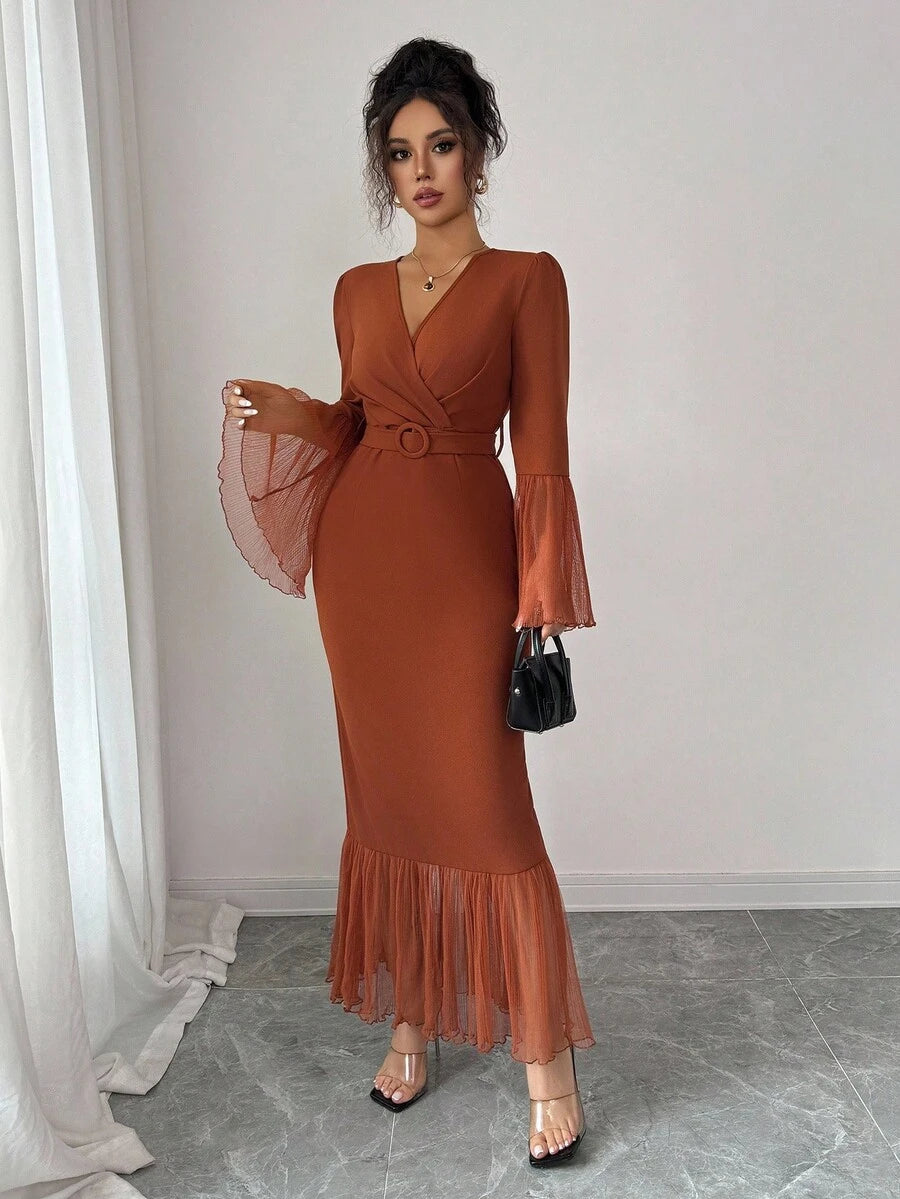 SHEIN Elenzga فستان بني طويل بياقة