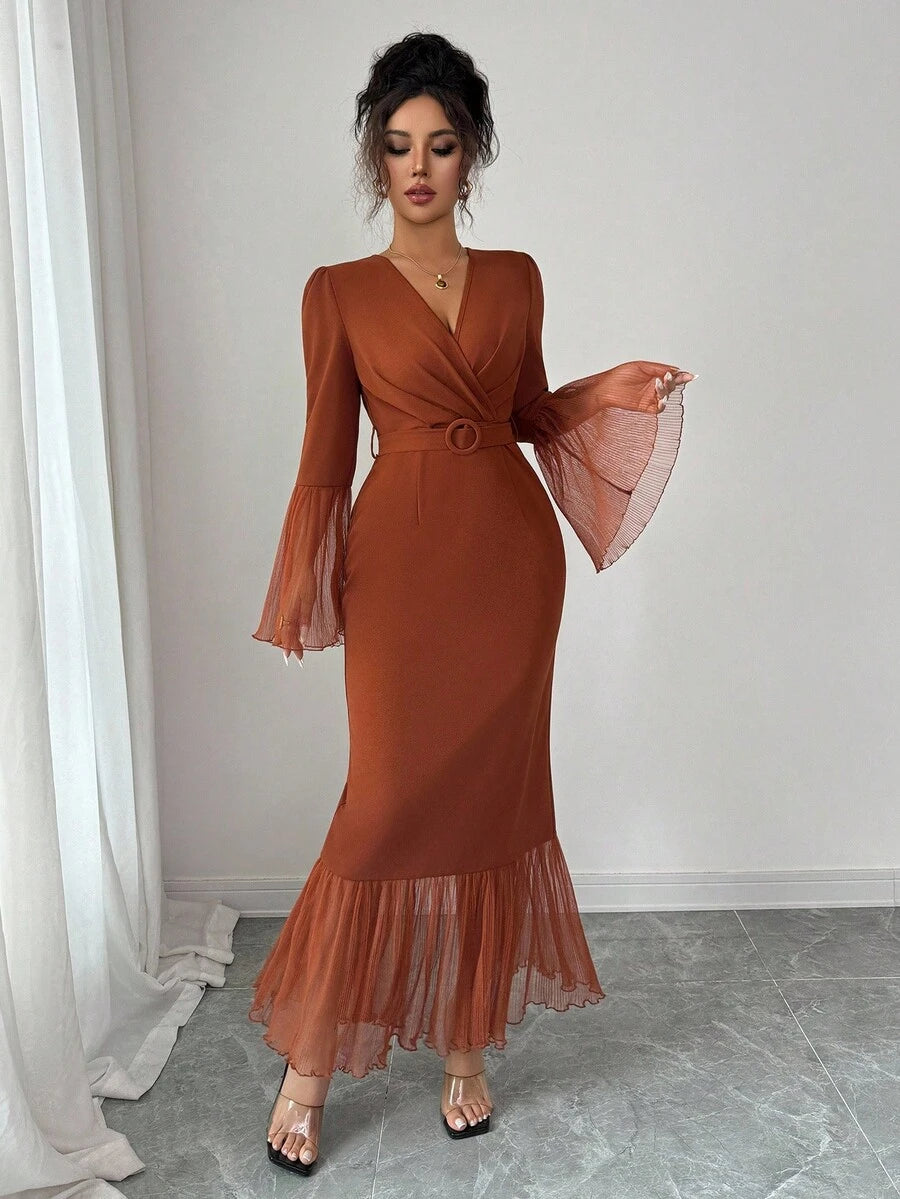 SHEIN Elenzga فستان بني طويل بياقة