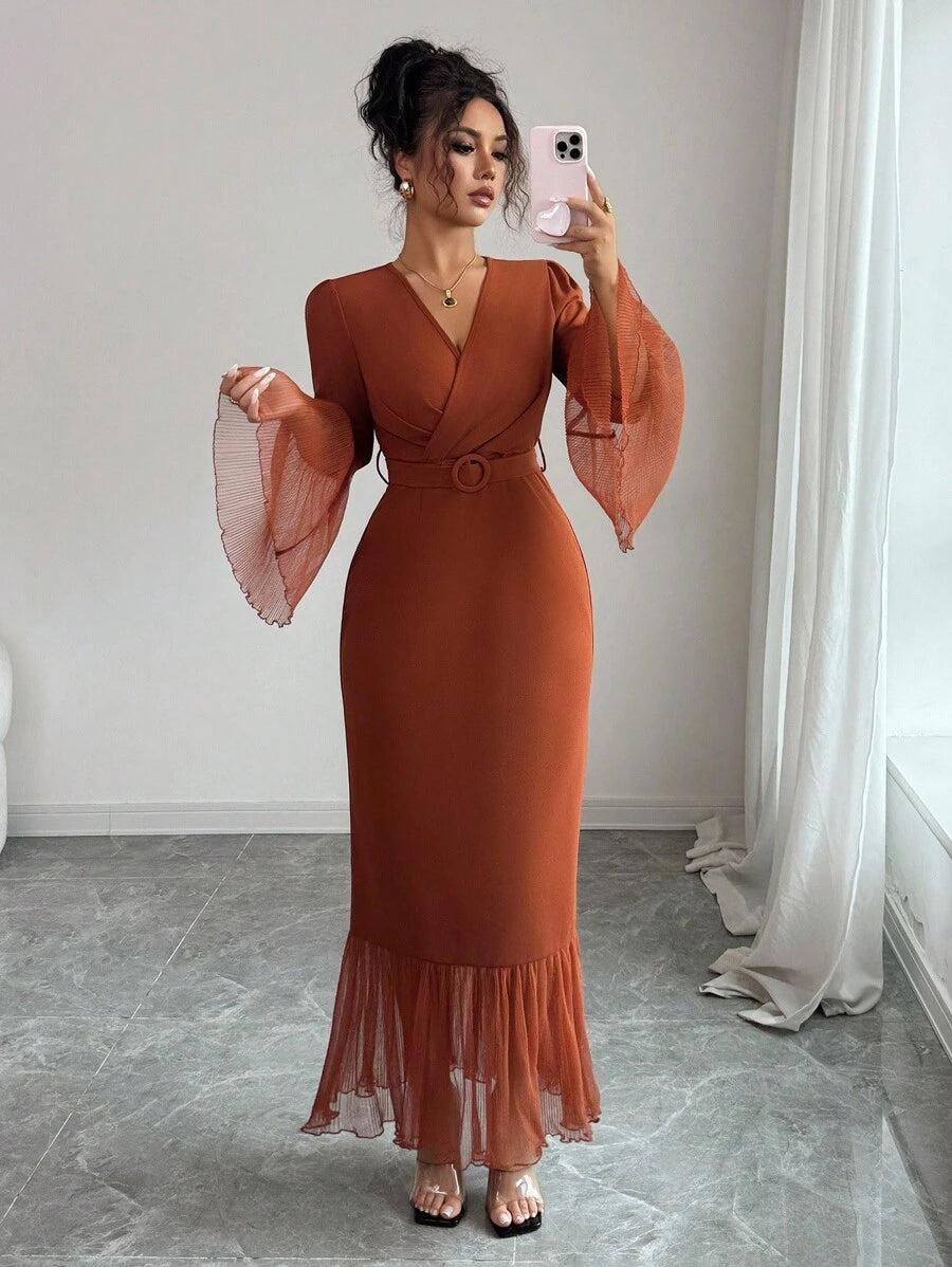 SHEIN Elenzga فستان بني طويل بياقة