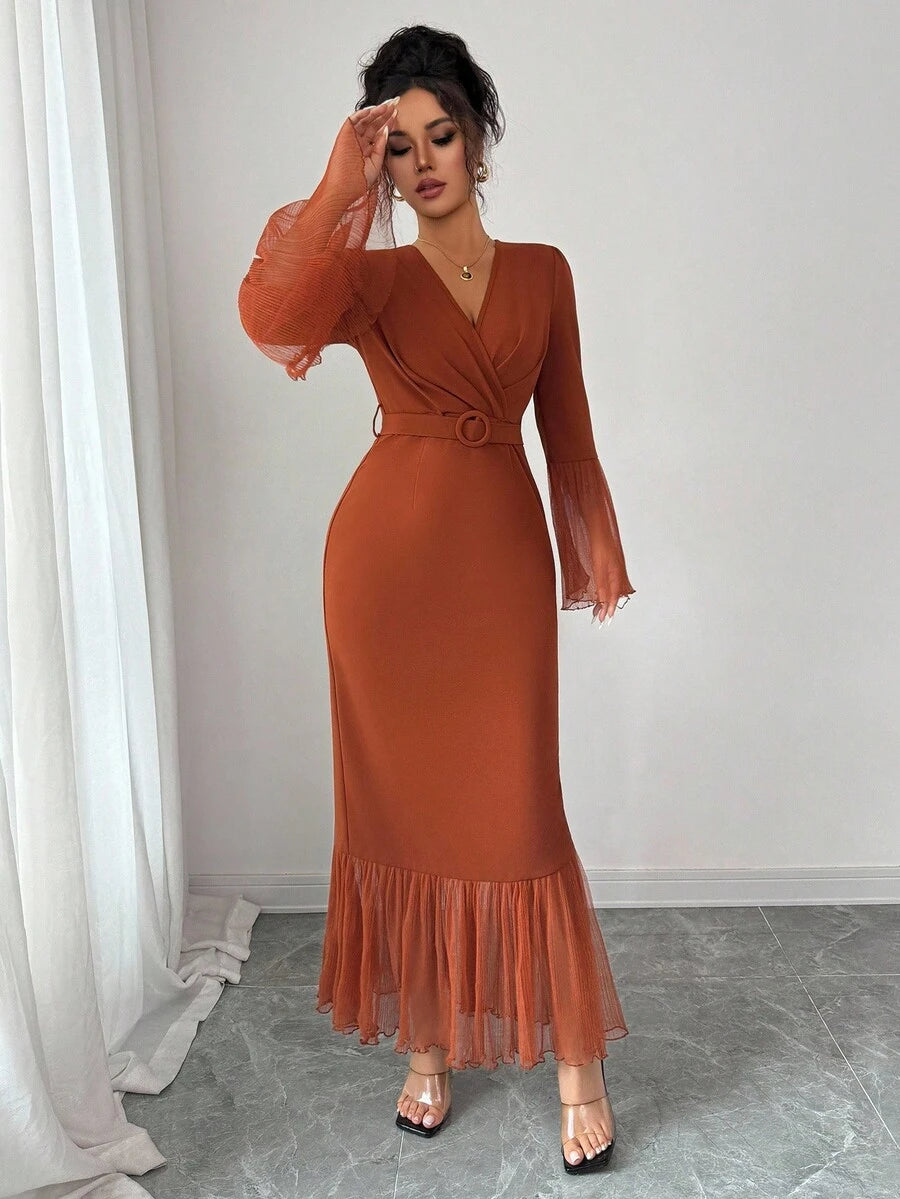 SHEIN Elenzga فستان بني طويل بياقة
