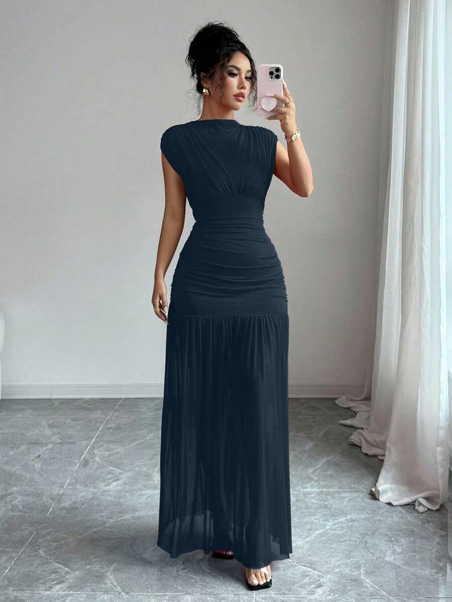 SHEIN Elenzga فستان طويل كحلي بدون أكمام