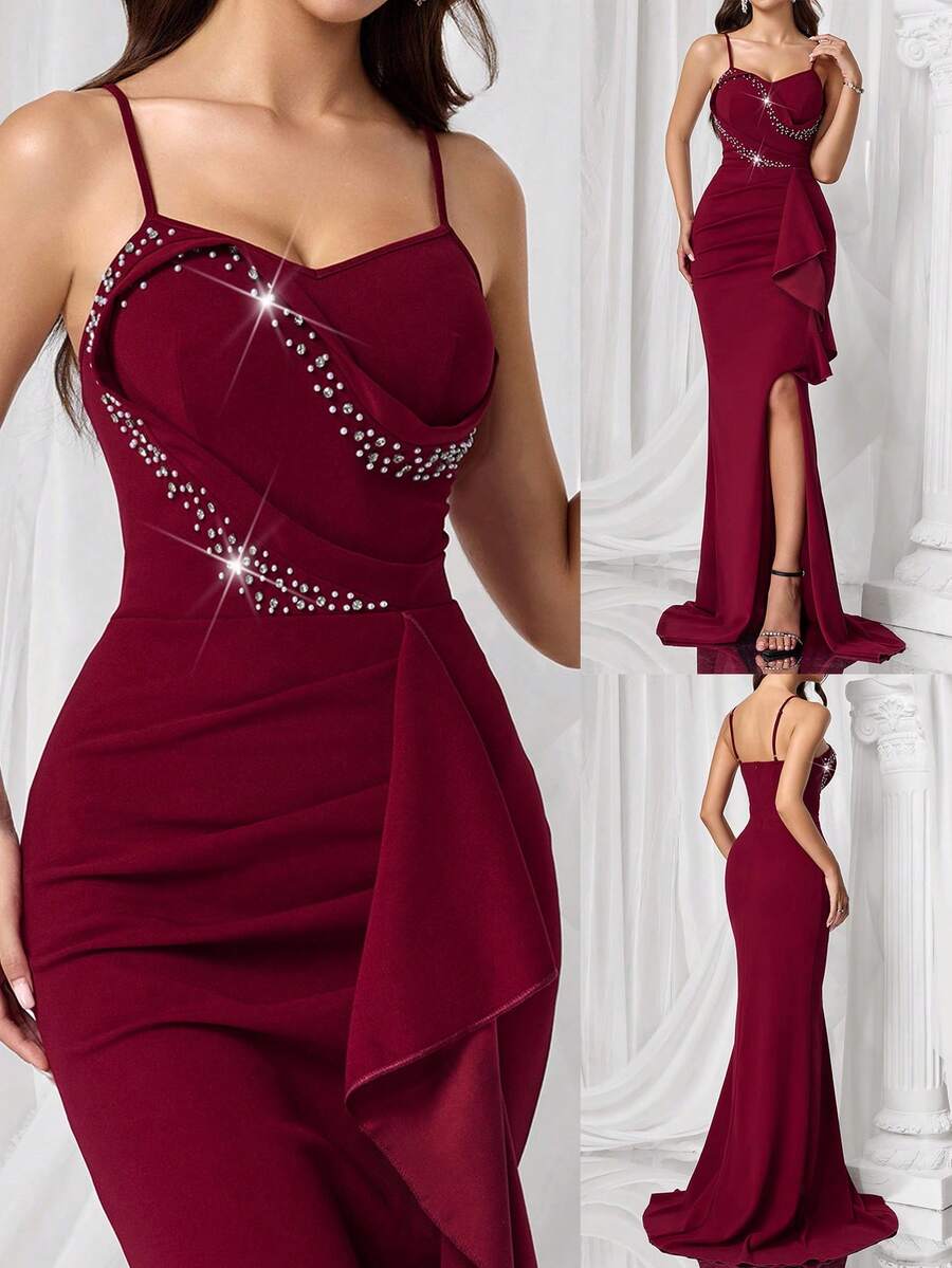 SHEIN Coutiva فستان سهرة أحمر رسمي للنساء حمالات رفيعة بدون أكمام