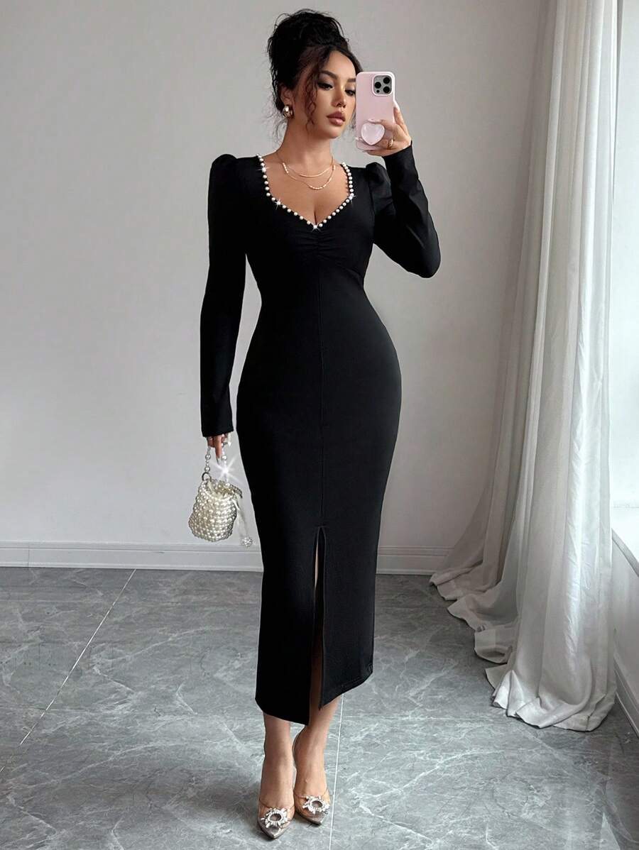 SHEIN Elenzga فستان اسود بأكمام طويلة بياقة من اللؤلؤ