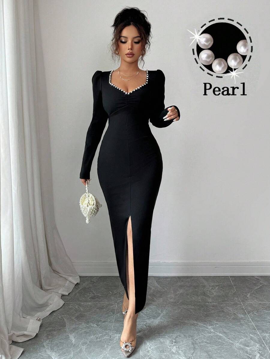 SHEIN Elenzga فستان اسود بأكمام طويلة بياقة من اللؤلؤ