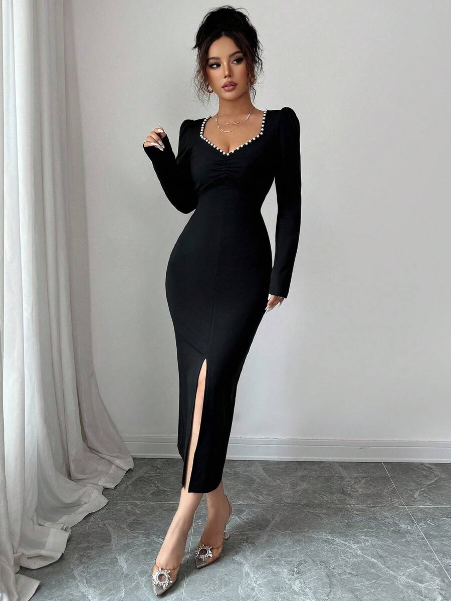 SHEIN Elenzga فستان اسود بأكمام طويلة بياقة من اللؤلؤ
