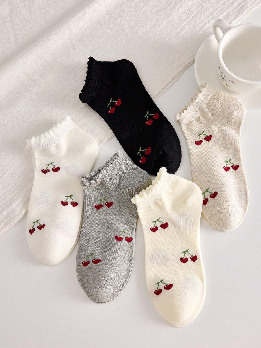 SHEIN جوارب كاحل نسائية 4 أزواج بنمط كرز