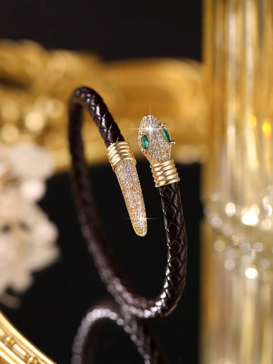 SHEIN سوار نحاسي مفتوح شكل ثعبان مرصع بالزركونيا