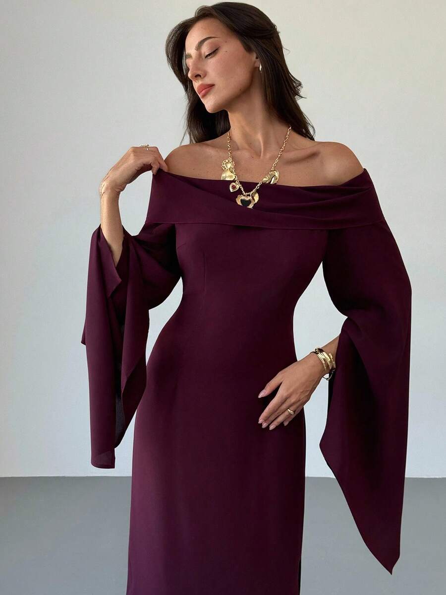 SHEIN Aloruh فستان بكتف مكشوف مع شق جانبي