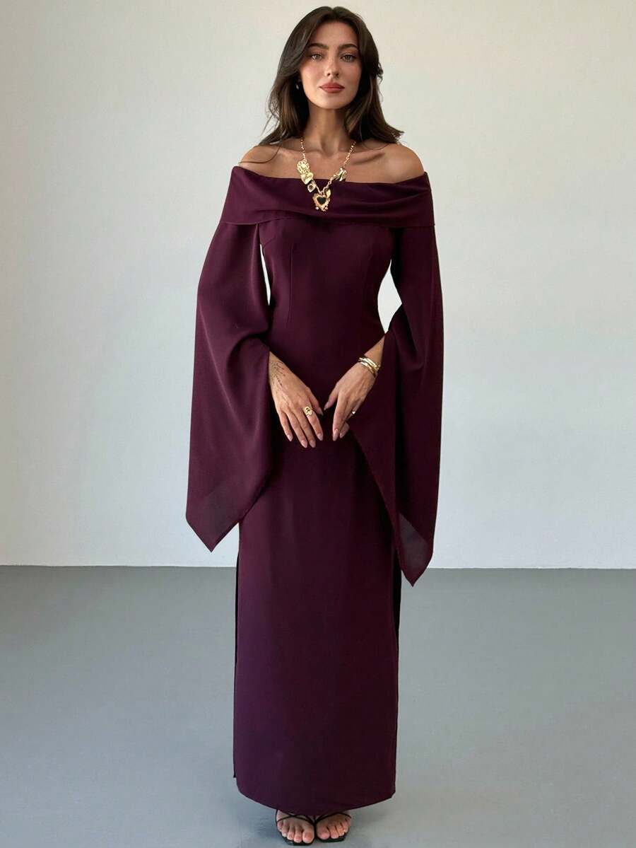 SHEIN Aloruh فستان بكتف مكشوف مع شق جانبي