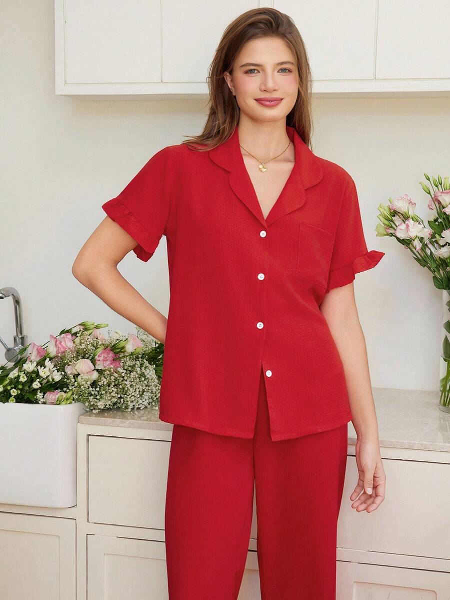 SHEIN Snug Reverie طقم بيجاما 2 قطعة حمراء مريح وأنيق