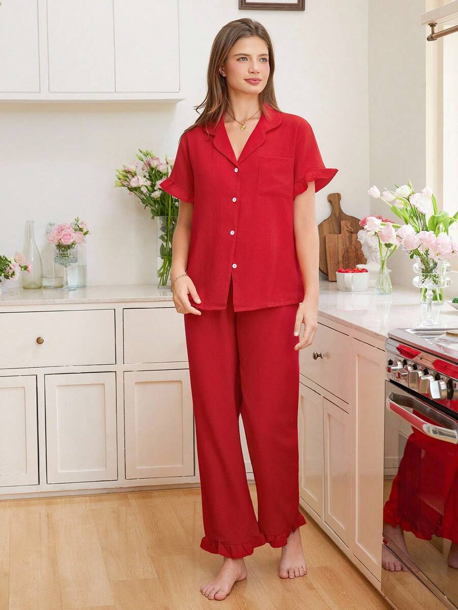SHEIN Snug Reverie طقم بيجاما 2 قطعة حمراء مريح وأنيق